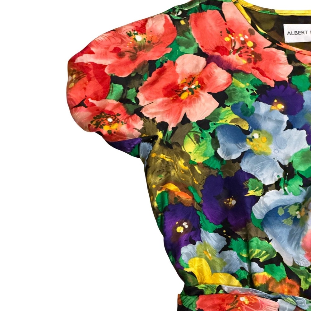 Albert‎ Nipon Vintage 100% Silk Floral Pleated Dress Multicolor Short Sleeve 14 - Picture 4 of 6